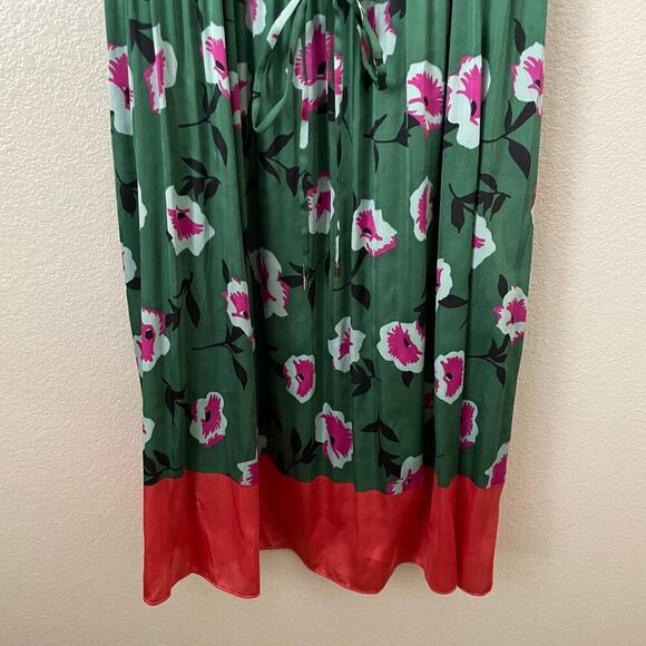 Anthropologie Dress Womens XS Green Pink Mini Satin Floral Pleated Tank Boho‎ - Picture 7 of 13